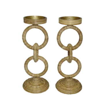 Rattan Wrapped Ring Pillar Candlesticks, Set of 2