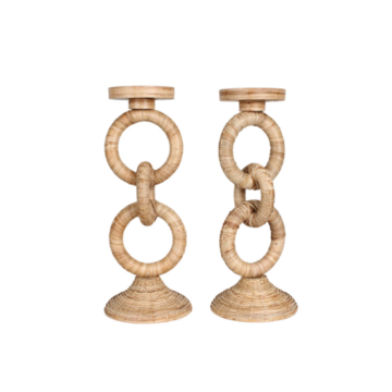 Rattan Wrapped Ring Pillar Candlesticks, Set of 2
