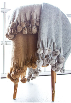 Wool Blend Mohair Throw with Rabbit Fur Pom Poms